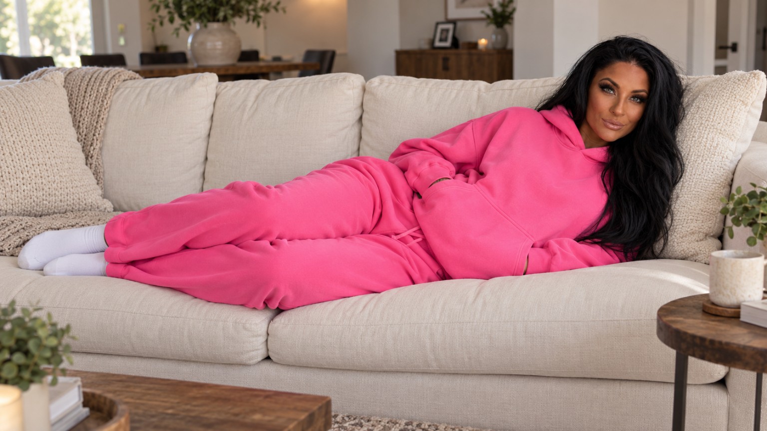 Jasmin Jenny im pinken Freizeitoutfit auf einem hellen Sofa